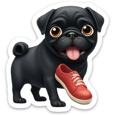 Black pug chewing on a shoe sticker