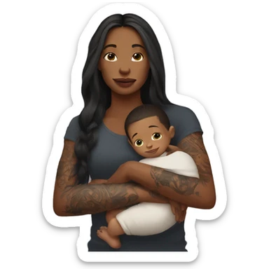  Woman with tattoos on arm with long hair holding a baby boy sticker