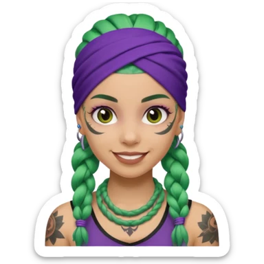 green braided hair with purple head bandana and lots of face tattoo girl sticker