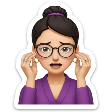  middle aged woman with dark hair pulled up in a high bun, wearing round ring earrings and glasses, expression extreme pain on her face, covering her ears with her hands very painful expression on her face, eyes squeezed shut, wincing in pain covering her ears with her hands sticker