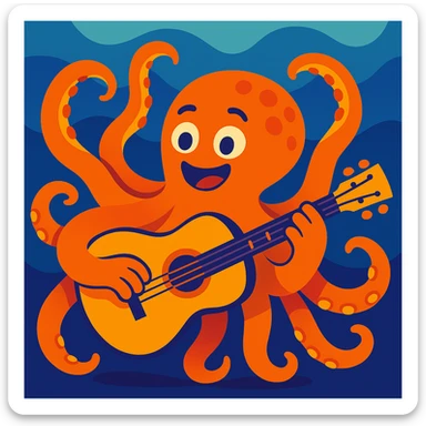 happy octopus with multiple arms playing guitar sticker