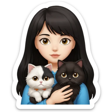 a girl with long dark brown, almost black hair with bangs, carrying a black and white fluffy Persian cat sticker