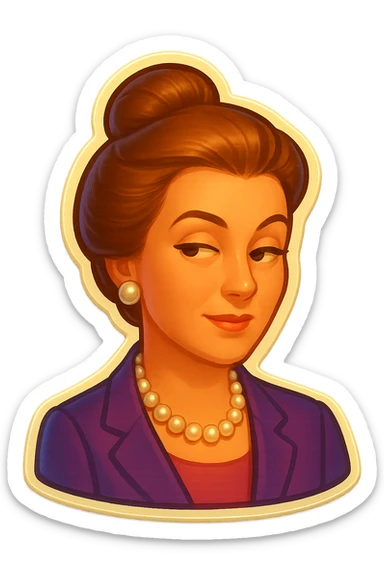 Make the old money lady look younger while maintaining her elegant style, with her hair up, pearls, and a sophisticated expression. Keep the transparent background. sticker
