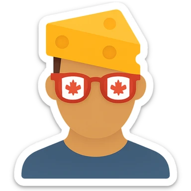 Add color to the icon: yellow cheese block, red and white Canada flag glasses, natural skin tone, simple colored shirt, keep background transparent. sticker
