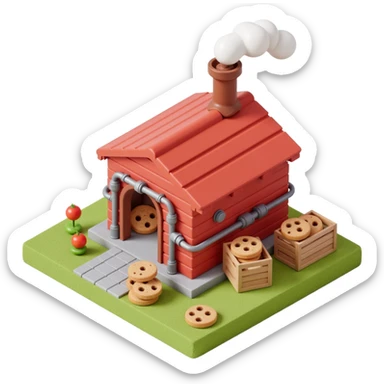 Exterior view of a small cartoon-style bakery factory, red brick walls, a single chimney puffing white smoke, metal pipes running along the walls and roof, cookie crates outside sticker