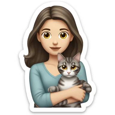Long Dark brown haired white girl with hazel eyes holding gray tabby cat sticker