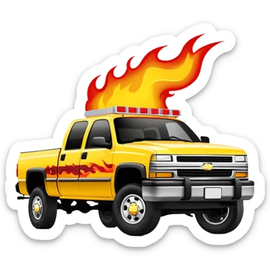 Yellow 1997 Chevrolet C-2500 Crew Cab Silverado with red flame design only on the front bumper, 30-degree view showing detailed bumper flames, Kill Bill movie vehicle, iOS emoji style sticker
