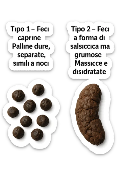 immagine di due tipi di feci iperrealistiche viste dall'alto con descrizione:
Tipo 1 – Feci caprine
Palline dure, separate, simili a noci

Tipo 2 – Feci a forma di salsiccia ma grumose
Massicce e disidratate.
 sticker