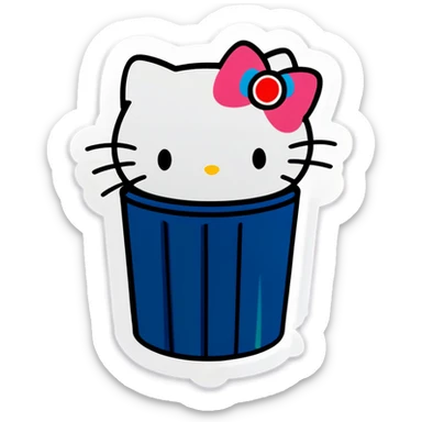 A trash bin that says on text GOODBYEEEE with hello Kitty in it sticker