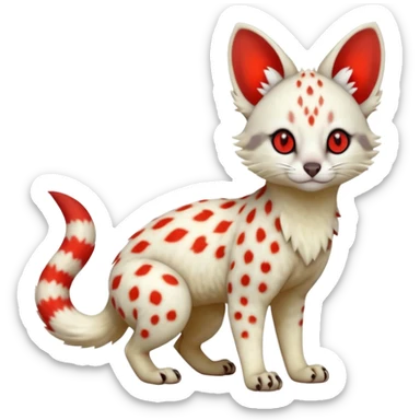 White Albino light-grey spotted Serval-Civet-Genet-Trico-Furret-Linoone-Fakémon-Pokémon-animal-hybrid-fusion-creature (full body) with glowing red eyes, cute, elegant, soft, realistic, pastel fur sticker