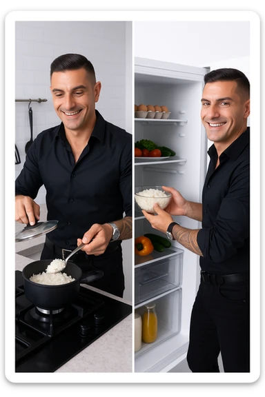Uomo che cucina riso e mette la ciotola poi nel frigo sticker