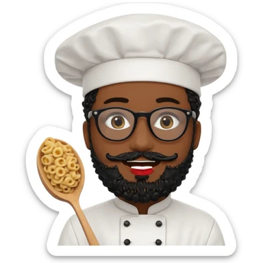 CHEF CON PELO NEGRO RIZO Y BARBA NEGRA, OJOS MARRON OSCURO Y GAFAS DE PASTA NEGRAS. SONRIE Y TIENE MARCAS DE BESOS CON FORMA DE LABIOS EN LAS MEJILLAS (COMO MANCHAS DE PINTALABIOS) sticker