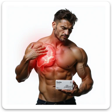 bodybuilder showing liver area with red halo and danger symbol, holding a box of oral anabolic steroids, pained expression, realistic details, isolated on white background sticker