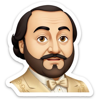 Cinematic Realistic Luciano Pavarotti Portrait Emoji, depicted as a charismatic operatic tenor with expressive eyes and commanding stage presence, rendered with rich elegant textures and warm theatrical lighting that captures his timeless vocal brilliance. sticker