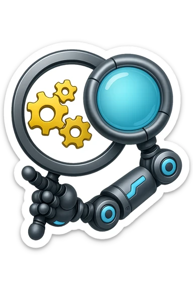 Add a robotic arm holding the magnifying glass, keep metallic textures and glowing blue accents, in emoji style with no background. The style should resemble apple style emojis with a clean and polished look, focusing on metallic and glowing blue details. sticker