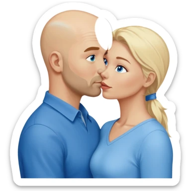 middle age bald man with scruff, blue eyes a.  Kissing blonde woman with blue eyes sticker