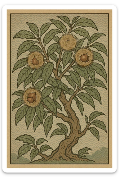 Chinese chestnut tree with visible chestnuts, ukiyo-e style sticker