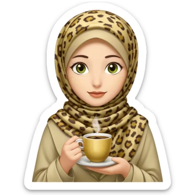 Turkish beautiful finish Konya girl green brown eyes with beige and light yellow leopard hijab islamic dress and had on her hand Turkish coffee sticker