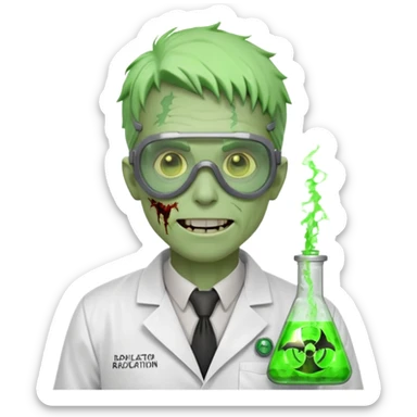 radioactive zombie scientist portrait, head and shoulders only, glowing toxic veins, cracked goggles, lab coat with radiation badge, sinister smile, 3D cartoon, mobile game icon style, clean background, no text, no watermark
 sticker