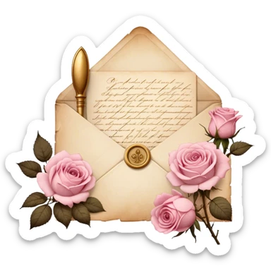An antique handwritten letter with dried light pink roses and a golden wax seal, vintage aesthetic. sticker
