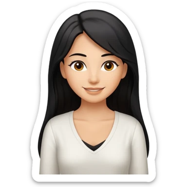 medium tan woman with long black hair past middle of back, round brwn eyes, white v neck blouse smiling. sticker
