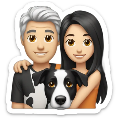 Family with a White man and a White woman with long black hair and a small black border collie dog sticker