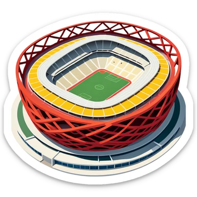 Beijing National Stadium Bird's Nest Olympic structure, simplified emoji style with bold outlines and bright colors, cartoon style modern nest-like building sticker