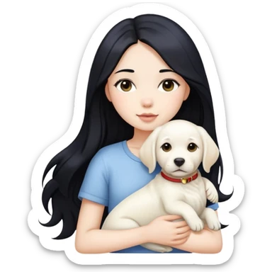 A beautiful girl with long black hair and fair skin is holding a white Labrador sticker