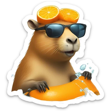 capybara chilling with sunglasses in water and he has a orange on his head sticker