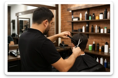 yuzi ko'rinmasin sartaroshxonada ishlayotganini tasvirlab ber sticker