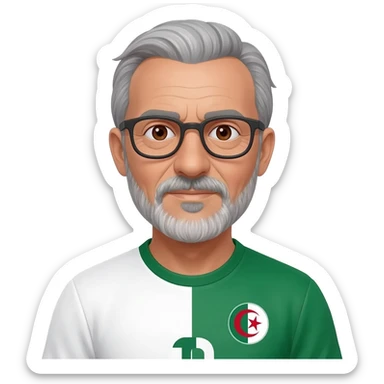 homme algérien peau claire à lunettes yeux marrons 67 ans cheveux gris avec barbe légèrement grisonnant avec maillot blanc et vert foot Algérie sticker