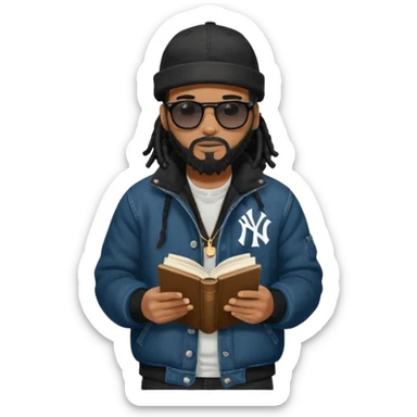 African American man with shoulder length black dreadlocks with black beard wearing black sunglasses wearing a black bubble winter coat wearing a black New York Yankees logo baseball cap wearing denim skinny jeans and Timberland boots reading a Bible sticker