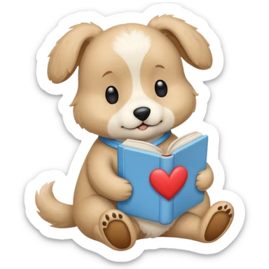 beige dog reading a book the color of the sky with a big white heart on its back sticker
