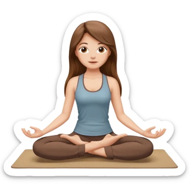 Brown long hair, white girl sitting on a beige rug doing yoga, brown clothes sticker