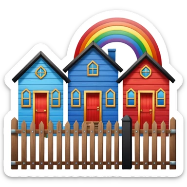 Blue house with a black fence & red house with a rainbow coloured fence. sticker