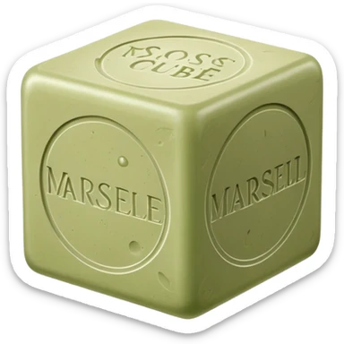 single cube of traditional Marseille soap, matte slightly rough surface, pale olive-green color, embossed classic markings on sides, natural imperfections like air bubbles and uneven edges, no packaging or extras, soft lighting, subtle shadows, emoji scale sticker