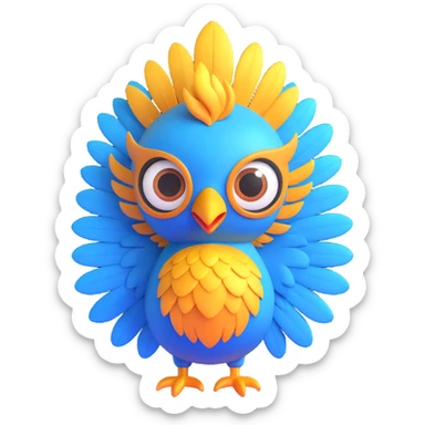 Change the cartoon phoenix to blue and gold colors, keep the playful expression, big eyes, bright feathers, and 3D emoji style, with no background. sticker
