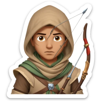 desert archer warrior portrait, head and shoulders only, hooded scarf collar, quiver strap visible, sharp focused eyes, 3D cartoon, mobile game icon style, clean background, no text, no watermark
 sticker