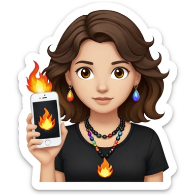 brunette girl with wavy medium length hair, brown eyes, light/medium skin tone, holding iPhone and light phone, wearing black tee shirt with flames on it and colorful beaded charm necklace sticker