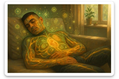 Uomo sdraiato su un divano nel primo pomeriggio, mentre fa un breve riposino. Il suo corpo appare parzialmente trasparente o stilizzato, con luce calda e flussi energetici dorati e verdi che scorrono attraverso muscoli, cervello, e organi. Intorno a lui si vedono piccoli simboli di rigenerazione: cellule che si rinnovano, tessuti che si illuminano, aura rilassata. L'ambiente è calmo e ordinato, luce naturale che entra da una finestra, atmosfera rigenerante, stile realistico con accenti metaforici. sticker