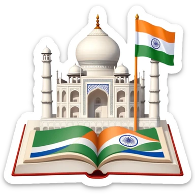 An icon featuring the Taj Mahal and the flag of India, symbolizing the Hindi language. The design includes an open book with Hindi script and a traditional Indian flute, representing language learning and cultural richness. Transparent background highlights the heritage of India. sticker