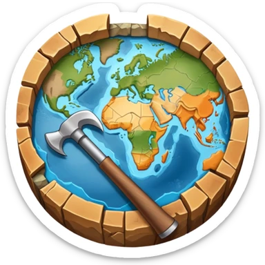 An icon featuring a pickaxe and a geological map, and layers of Earth’s crust, symbolizing geology. The design includes mineral samples, fossils, and tectonic plates, representing the study of Earth’s structure and natural processes. Transparent background highlights geological exploration sticker