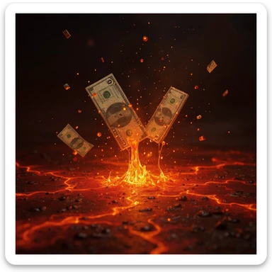Transform the stacks of money into a scene where the money is flowing like lava, with a molten, liquid effect. The money should look real and the lava effect should be vivid and dynamic, in a realistic, photorealistic style. sticker