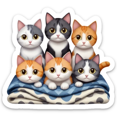 5 different coloured short haired cats including; a dark brown and white cat, and a dark grey and white, and a calico sticker