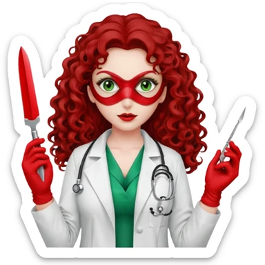 Lilith sexy evil woman. She has green eyes.  had brown long curly hair.  evil surgeon kills with scalpel wears red sexy doctor coat with red long mouth cover red gloves.  sticker