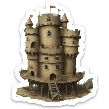 Multiple pieces of junk creating large round castle house, on four tall legs  sticker