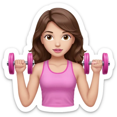 girl with wavy long brown hair, brown eyes, light to medium complexion, long lashes, light pink lipstick, wearing light pink shirt, lifting pink dumbbells in a sports top sticker