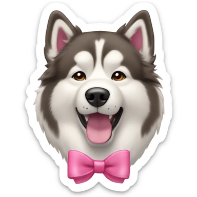 Red and white colored Alaskan Malamute dog with a pink bow sticker