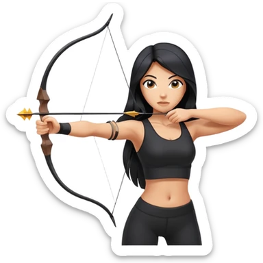 woman tanned long black hair, shooting bow and arrow , black yoga clothes sticker