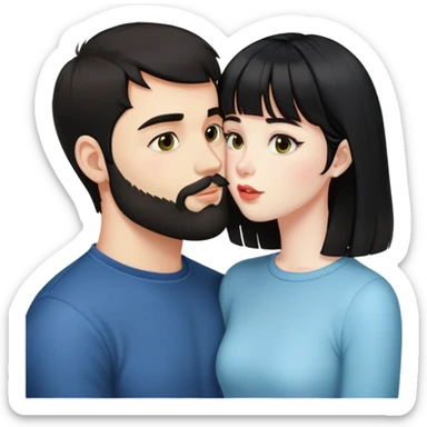 30-year-old guy with dark hair and short, dark beard kissing a 28-year-old cute girl with pale skin and black hair with bangs ￼ sticker